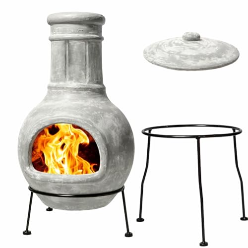 Small Chiminea Outdoor Fireplace Grey –Clay Chimineas with Chimney Rain Lids and Solid Metal Stands - Mini Terracotta Chimenea – Rustic Fire Pit Chimnea 12 x 12 x 27-inch