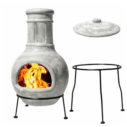 Grey Chimenea Outdoor Fireplace, Clay Chiminea with Lids and Metal Stands