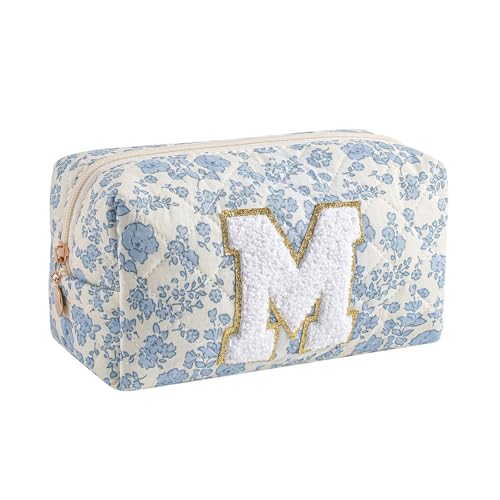 Gleyemor Personalized Initial Makeup Bag for Women, Cute Quilted Blue Floral Cotton Cosmetic Bag, Christmas Gifts for Her Mom Friend Sister Bridesmaid Teacher Women M