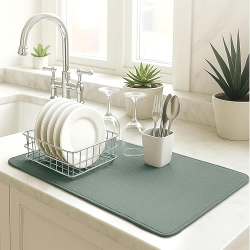 Mikrofaser Abtropfmatte XXL für Küche Abtropfmatte Abwasch Abtropfmatte Super saugfähig Schnell trocknend 46 x 60cm Grün – Ansicht 4