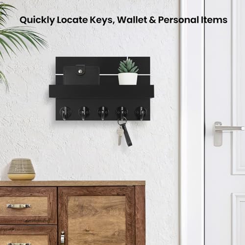 Wall Mounted Key Holder - 9.8" x 6.7" x 4.2" Decorative Wall Shelf with Hooks Holds Key Rings, Dog Leash, Wallet, Purse - Real Paulownia Wood Entryway Shelf for Rustic Farmhouse Decor (Black) - Image 5