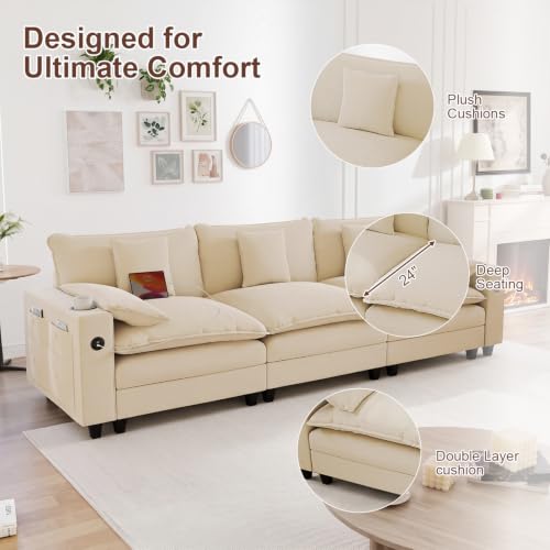 Image of KCGKCG 116 inch 3-Seater Cloud Sofa, Modular Sectional Couch, Chenille Deep Seat Cloud Couch with Charging Station, Cup Holder, Side Pocket, Double Layer Seat Cushion Couches for Living Room, Beige