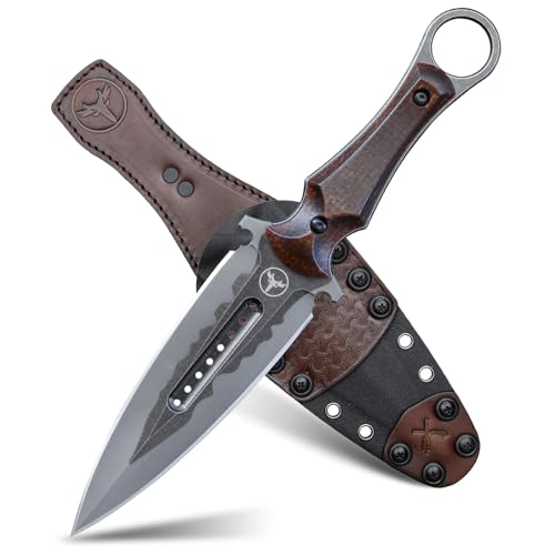 LENGREN KUNAI Tactical Fixed Blade Knife 5.4 Full Tang Double Edge Blade Battle Dagger Short Sword for Outdoor Survival Hunting EDC & Camping (Brown linen Tiger Stripe Blade)