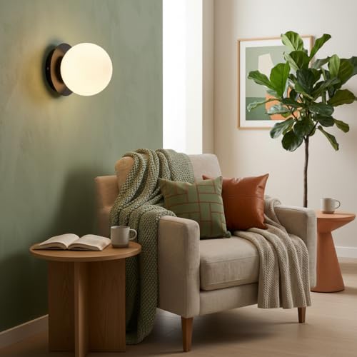 BARCELONA LED Applique Murale Boule en Verre Blanc Ø15 cm avec Base Noire en Métal, Lampe Murale Vintage et Moderne, Style Minimaliste et Luxe pour Salle de...