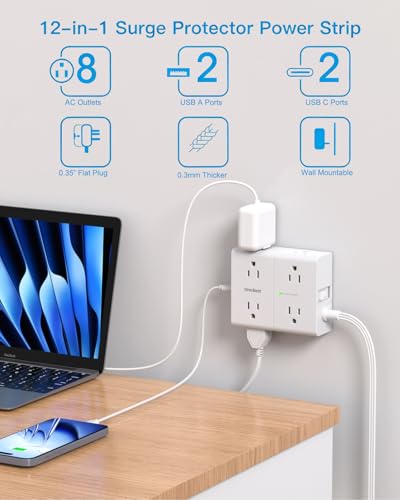Image of Extension Cord 15 Ft, Flat Plug Surge Protector Power Strip 15ft Long Cord with 8 Outlets and 4 USB Ports(2 USB C), 15 Feet Extension Cord with Multiple Outlets for Home Office, College Dorm Room