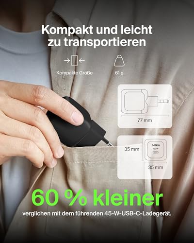 Belkin kompaktes USB-C Ladegerät 45W, USB-C Power Delivery zum Schnellladen für Apple iPhone 17, iPhone 16, iPhone 15-Serie… – Ansicht 3