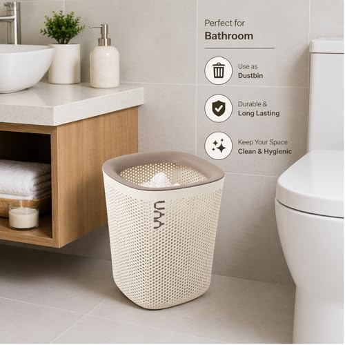 Image of Kriva Plastic Square Open Top Trash Can | 12L Garbage Container Wastebasket | Large Capacity Hollow Dustbin for Bathroom, Kitchen, Office, Laundry, Kids & Dorm (White)