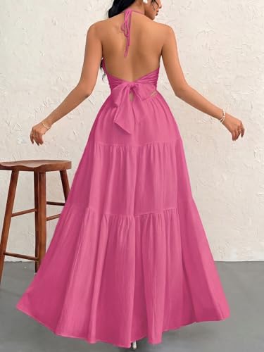 Image of Narecte Women's Maxi Summer Dresses Halter V Neck Beach Dresses for Women A-Line Casual Dress for Vacation