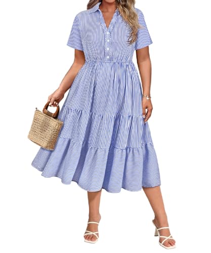 Image of CARCOS Plus Size Dresses for Curvy Women Collared Vneck Short Sleeve Dresses Midi Summer Ruffle Dress with Pocket XL-5XL