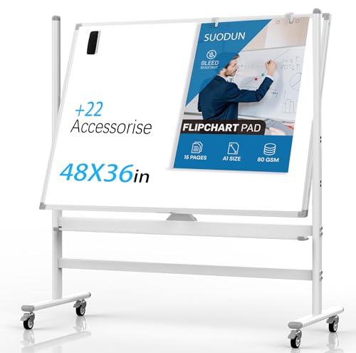 Pizarra blanca móvil de 48 x 36 SUODUN de doble cara de borrado en seco, grande, magnética de 360°, soporte sobre rueda, perfecto para suministros de oficina en casa, con soporte para tabla de tapa y