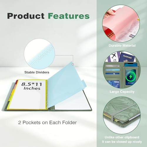 Image of Clipboard with Storage for Men Women, Leather Padfolio Portfolio Organizer 5 Folders with 10 Pockets, Spiral Clipboard Folio with Notepad for Letter Size, Elastic Closure and Pen Loop Green Floral
