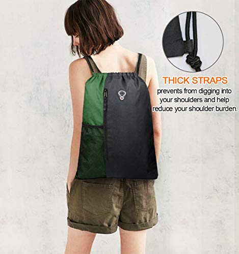 Image of BeeGreen Green Drawstring Bag Sports Gym Backpack for Women Men Large Cinch Sackpack Day Pack with Zipper and Water Bottle Mesh Pockets (Black /Green)