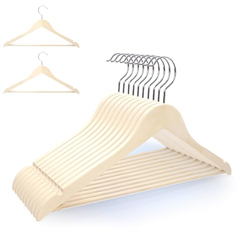 Premium Wooden Hangers 10 Pack, Solid Wood Hanger with Non Slip Pant Bar, Heavy Duty Wooden Coat Hanger, Smooth Finish Wood Clothes Hangers for Shirts, Suits, Jackets, Dress (Natural Unfinished)