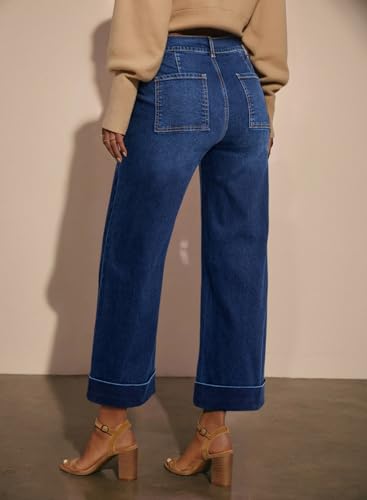 EVALESS Womens High Waist Wide Leg Jeans Trendy Cropped Denim Pants Solid Ankle Length Stretchy Jeans with Pockets2