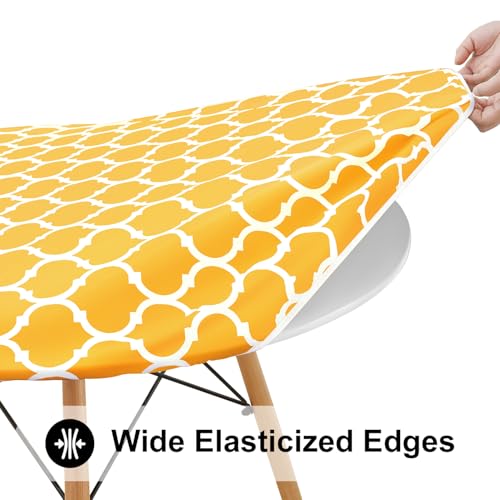 Smiry Round Picnic Tablecloth, Waterproof Elastic Fitted Table Covers for 36" - 44" Tables, Wipeable Flannel Backed Vinyl Tablecloths for Camping, Indoor, Outdoor, Mustard Yellow & White by Smiry - Image 3
