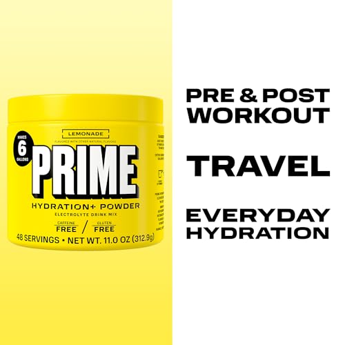 Image of PRIME HYDRATION+ Electrolyte Powder, Lemonade, Sugar Free Hydration Drink Mix with Potassium, Magnesium & B Vitamins to Replenish Fluids, Caffeine Free, 6 Gallon Tub, 48 SRV
