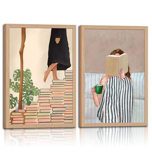 Framed Reading Canvas Wall Art Set of 2 Modern Book Lover Prints Minimalist Poster Painting Picture Gallery Wall Decor for Bedroom Living Room Office Library 12x16 In