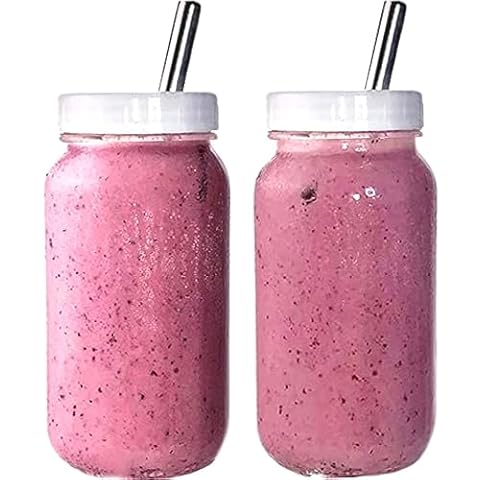 Reusable Smoothie Cup Regular Mouth 24 oz Mason Jar with Wide STAINLESS STEEL Straws Drinking Cups and Lids and Straws- Drinking Lid and BPA Leak Proof Caps by Jarming Collections Cover