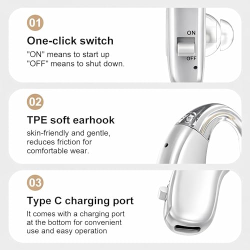 Image of Fastwell F27 Rechargeable Hearing Aids for Adults with Hearing Loss, 360 Degree Rotation Ear Hook, Digital Noise Reduction Ear Machine, Single Ear (Silver) 1-Year Warranty