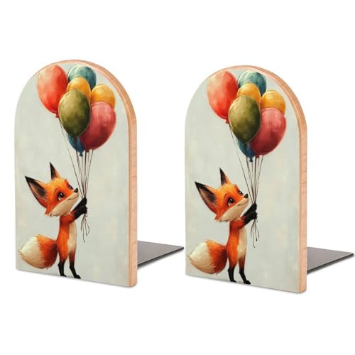 Whimsical Fox sosteniendo globos coloridos de madera, sujetalibros, 2 soportes resistentes para libros, organizador de escritorio para bibliotecas en casa, oficina