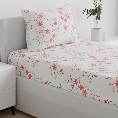 Image of Wakefit 100% Cotton 160 TC Fitted Bedsheet with 1 Pillow Cover | Red Vine Single, 72 inch x 36 inch, Red Vine | 1.83m x 91cm