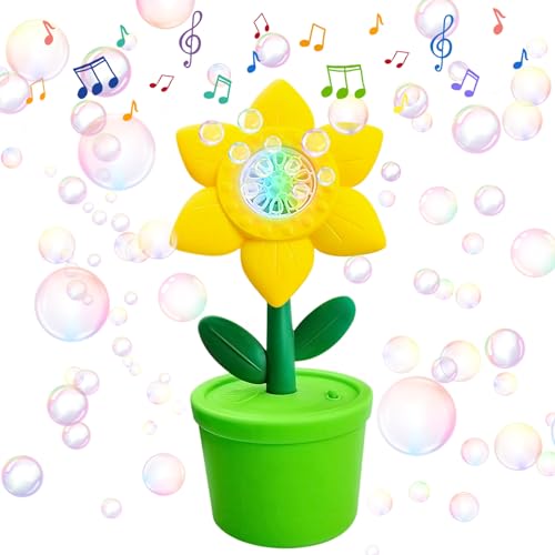 MEMOVAN Sunflower Bubble Machine Flower Bubble Maker Flower Pot Bubbles Machine Automatic Bubble Maker Toy with Musical & Lights for Kids Birthday Summer Toys Wedding (Bubble Solution Not Included)