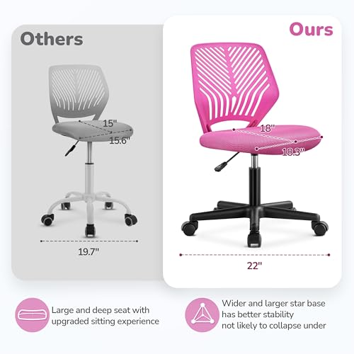 Image of Yaheetech Small Desk Chair, Armless Adjustable Swivel Seat, Rose Red | Padded mesh seat and ventilated resin back, compact armless frame rolls and adjusts for study and small desks, holds 300 lb.