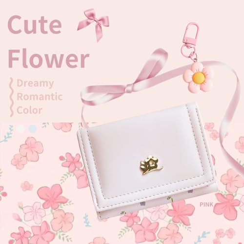 Image of Girls Wallet Cute Floral Coquette Small Kawaii for Women Aesthetic ID Window for Ladies (Pink Metal Floral)