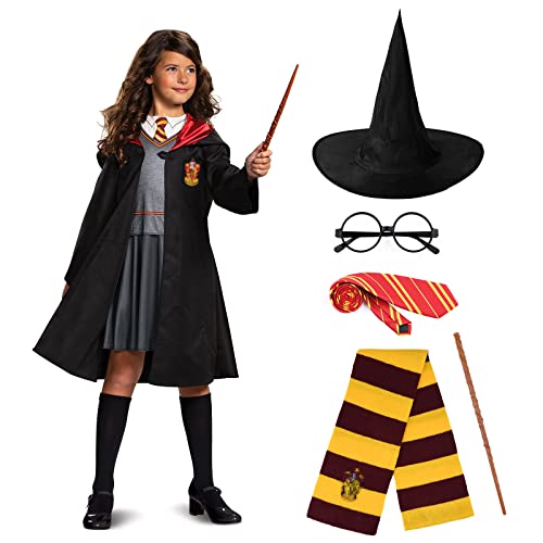 URAQT Deguisement Sorcier per Enfant, Costume de Magicien, Ensemble de Costumes Cape avec Lunettes, Baguette Magique, Écharpe et Cravate, Cravate Magicien Costume Garçons et Filles(135cm) Cover