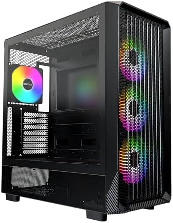 MONTECH X5- ATX Mid-Tower Gaming PC Case, High Airflow, 3X 140mm and 1x 120mm ARGB Fans Pre-Installed, Glass Side Panel, Carbon Print Accents, GPU Holder Included, Black