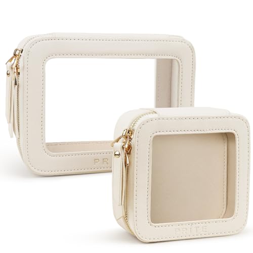 Prite Clear Makeup Bag Set for Women Portable Clear Makeup Bag Cute Waterproof Travel Cosmetic Bag with Gold Zipper for Car Essentials(Beige) Beige Standard+Mini
