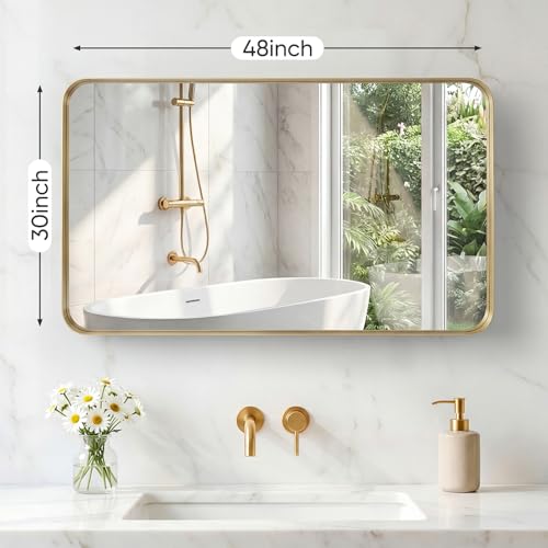 Image of NEWBULIG 30 inchx48 inch Wall Mirror, Bathroom Mirrors for Over Sink, Gold|Matte Metal Framed Vanity Mirror with Tempered Glass, Entryway, Living Room, Bedroom