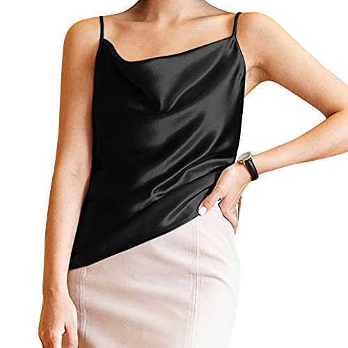 Miqieer Basic Women's Silk Tank Top Ladies V-Neck Camisole Silky Loose Sleeveless Blouse Satin Tank Shirt(Cowl Neck-Black,Xs) #TOP6