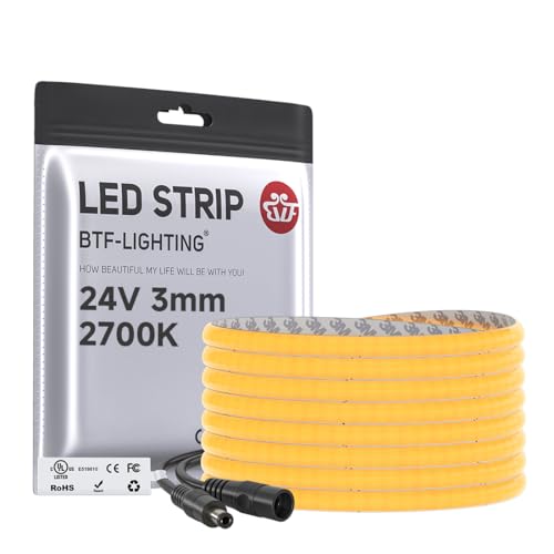 Image of BTF-LIGHTING 3mm Width Ultra Thin FCOB COB LED Strip,UL Listed Warm White 2700K Super Narrow Uniform Light,16.4FT DC24V CRI90+ LED Tape Light for Home Indoor DIY Lighting(No Adapter or Controller)