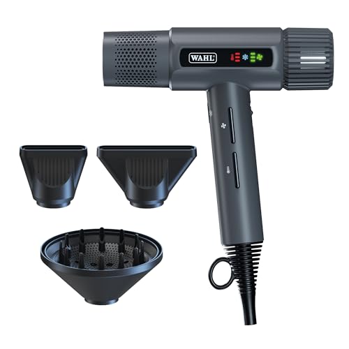 Wahl Vanquish Hair Dryer Cool Grey Lightweight LED Display Quiet Professional 3 Attachments Powerful Cool Drying 3 Speed-Settings Auto-Clean Even Drying Quick Dry Includes Velvet Pouch