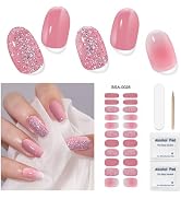 DUKASOU Gel Nail Strips for Women(No UV Light Needed), 22Pcs Pink Silver Glitter Gel Nail Sticker...