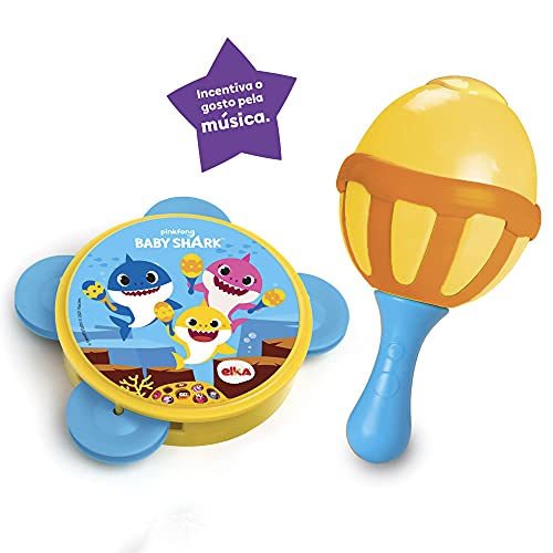 Maraca e Pandeiro - Baby Shark, Elka, Maraca Amarelo/Laranja Com Cabo Azul/ Pandeiro Amarelo Com Gui