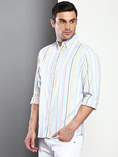 Image of Dennis Lingo Men's Striped Slim Fit Oxford Cotton Casual Shirt with Button Down Collar & Full Sleeves