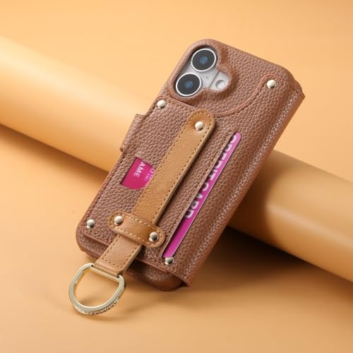 Étui en cuir iPhone 16 Pro marron à rabat chic motif litchi - 4