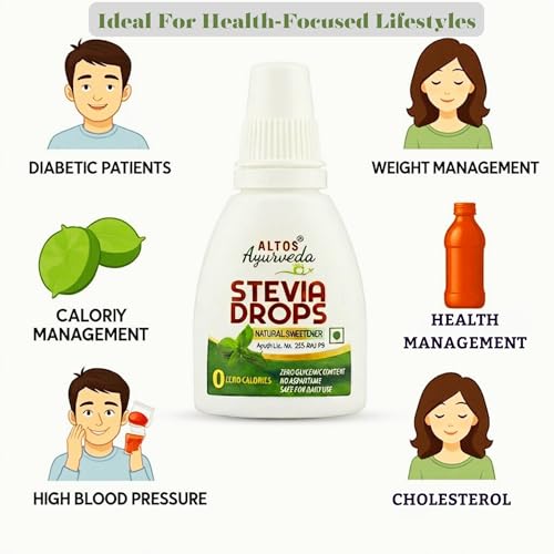 Image of ALTOS Ayurveda Stevia Drops - Natural Sweetener, Zero Calories, Zero Aspartame, Liquid Form, Diabetic Friendly, Weight Management, Made with Natural Stevia Leaves Extract, 30 Millilitre