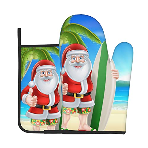 Santa Claus With The Beach And Surfboard Printed Oven Mitts And Pot Holders Sets (2-Piece Set) With Durable Heat Resistant For Bbq, Baking, Cooking #TOP7