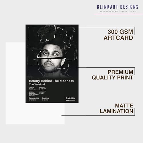 Image of BLINKART The Weekend - Beauty Behind The Madness Wall Photo Frames | Wall Art for Bedroom, Living Room, Studio or Office | Album Cover Print with Spotify Song Link QR Code | Gift for Fans - 8x12 In