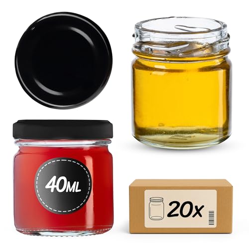 KADAX 20 mini tarros de 40 ml con tapa de rosca fi 43 mm, tarros de especias con tapa, tarros de prueba, tarros de mermelada, tarros pequeños de miel (20 unidades, tapa negra)