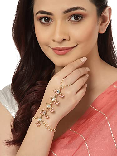 Image of Karatcart Gold Plated Baby Pink Pearl Chain Kundan Hathphool