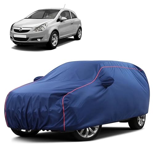 Image of Sulfar 100% Water Resistant Car Body Cover Compatible with Mirror for Opel Corsa (Triple Stitched, Full Bottom Elastic, Blue Taffeta with Red Piping)