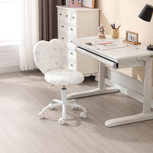 Image of Kmax Kids Reading Chair, Rolling Cute Desk Chair for Girls Swivel Office Chair with Wheels & Heart Back Adjustable Childrens Vanity Chair for Bedroom Reading Room - Fur, Snowflake