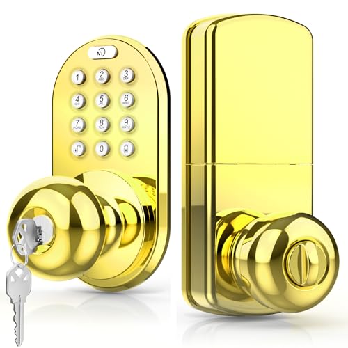 Milocks Keypad Door Lock - Electronic Smart Digital Lock for Front Door 15 Pin Codes Backlit Keypad Auto & One-Touch Locking Door Knob with Keypad for Smart Home Improvement - Polished Brass