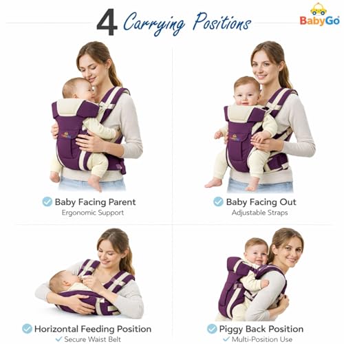 Image of BabyGo Kid Seat Baby Hip Carrier 4-in-1 Adjustable Baby Carrier Cum Kangaroo Bag|Front, Back|for 6 to 24 Months Baby|Newborn to Toddler Carrier|Safety Belt & Buckle Straps|Up to 15 Kgs (Purple)
