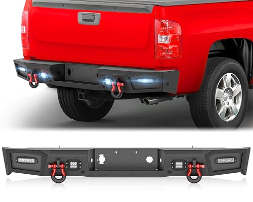YZONA Pickup Truck Rear Step Bumper Compatible with 2011 2012 2013 2014 Chevy Silverado & GMC Sierra 2500 3500 HD Off-Road Bumper with Paintable Armor, 4 x 18W LED Lights, Sensor Holes & D-rings