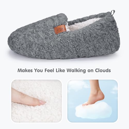 ATHMILE Fuzzy Slippers for Women House Slippers Memory Foam Curly Loafer with Polar Fleece Lining Indoor Outdoor Grey3